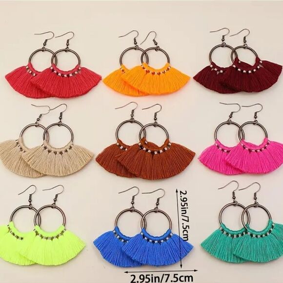 Green Boho Fringe Tassel Hoop Fan Dangle Drop Earrings Tribal Native Jewelry New - Picture 7 of 7